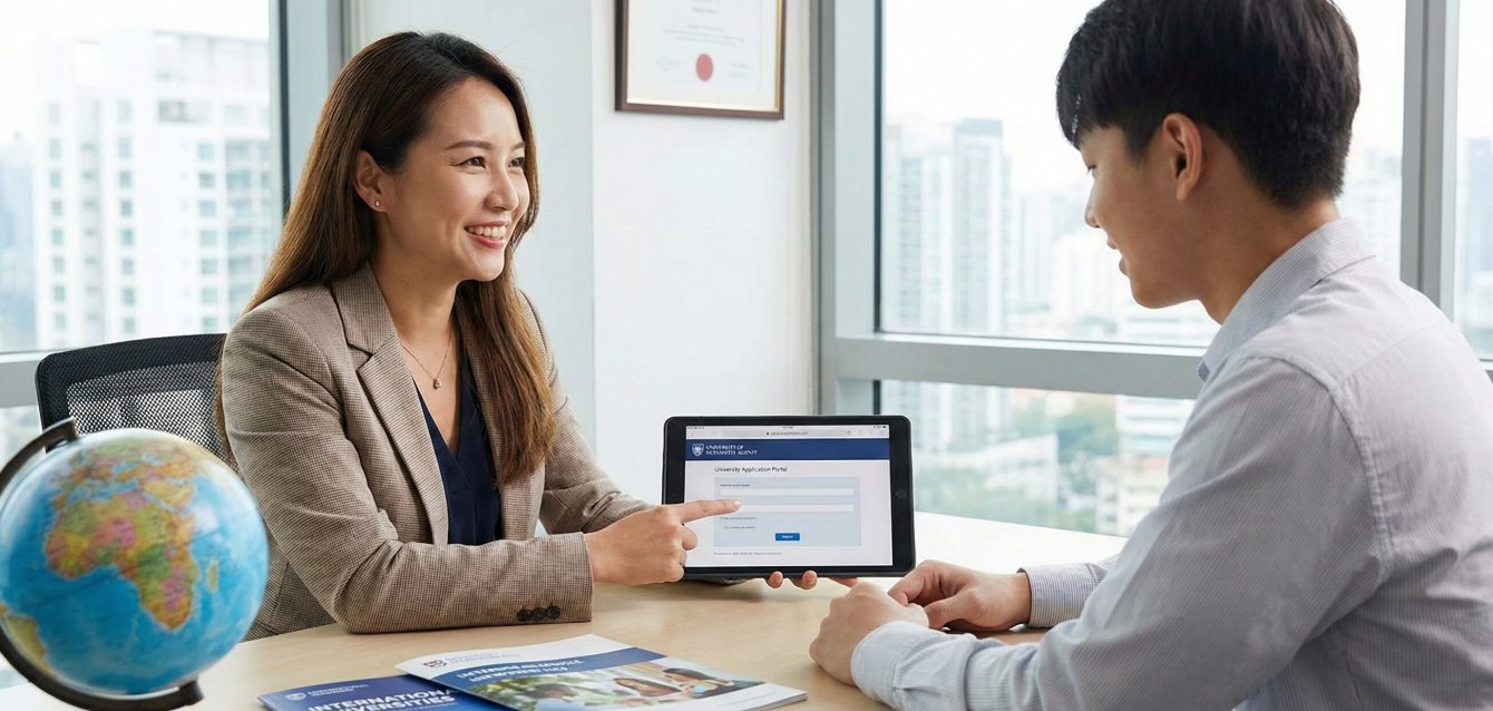 A professional university agent guiding a student through the study abroad admission process and visa documentation. A professional university agent guiding a student through the study abroad admission process and visa documentation.